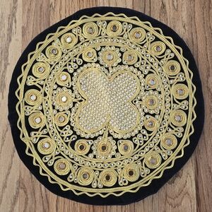 Vintage Persian/Moroccan Handmade Beaded Round Gold Pillow Case 15.5 Inch Decor